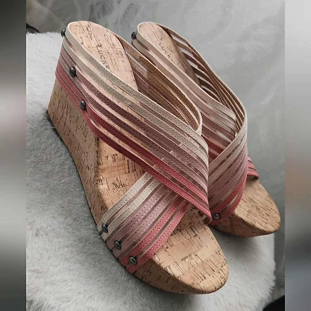 Lucky Brand Mykayla Canyon Clay Ombre Cross Strap Cork Wedge Platform Size 8.5